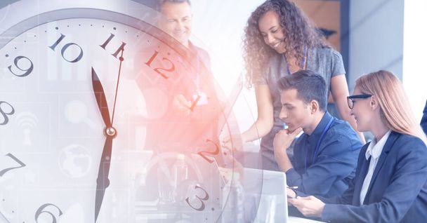 Double exposure of business people in office and clock - Zdjęcie, obraz