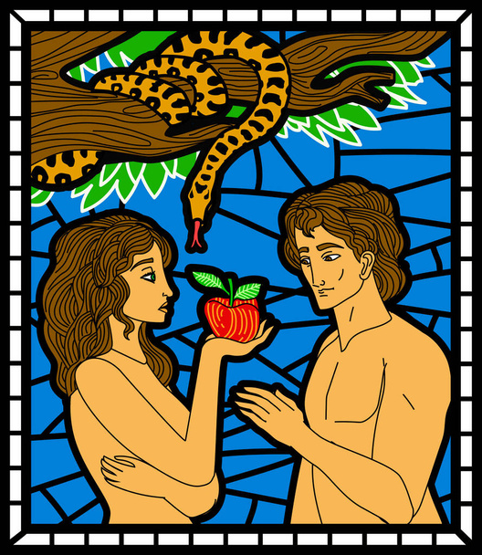 アダムとイブとヘビがエデンの園のステンドグラスでリンゴを取って - ベクター画像
