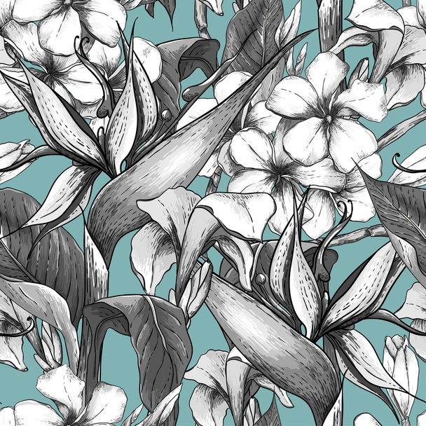 エキゾチックな花と白黒のシームレス パターン - ベクター画像