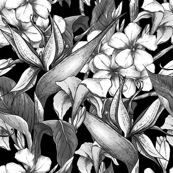エキゾチックな花と白黒のシームレス パターン - ベクター画像