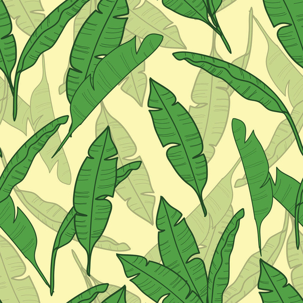 Banana leaves seamless pattern on light yellow background illustration - Vector, afbeelding