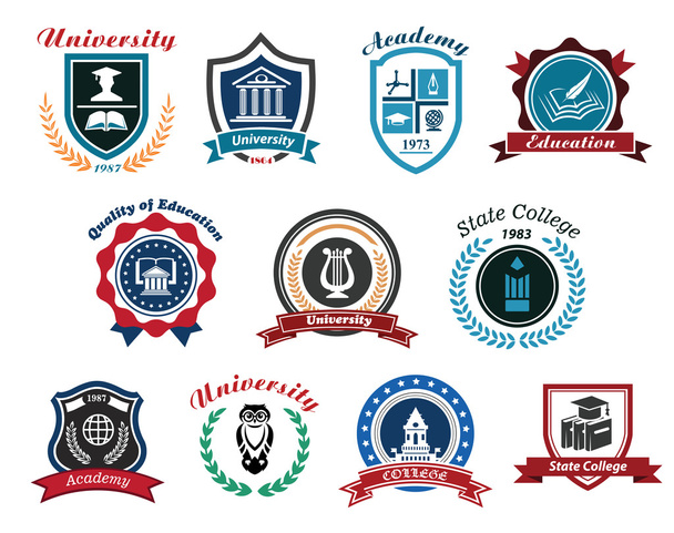 Universität, Akademie und Hochschule Embleme oder Logos gesetzt - Vektor, Bild