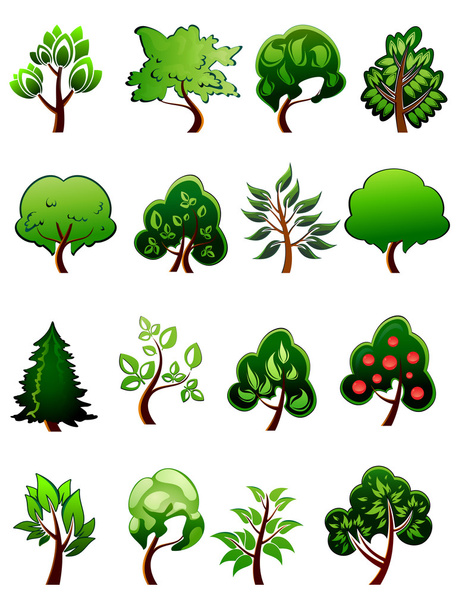 Set of  cartoon green plants and trees - Vector, Image