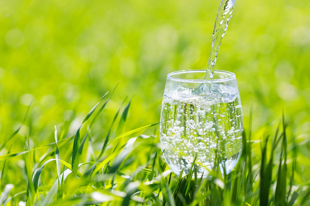 water pouring into glass on green background - Foto, Bild