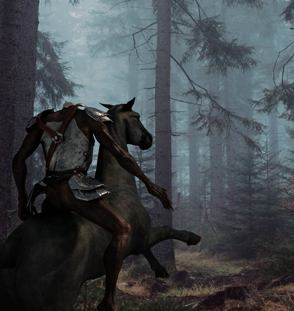 Jinete sin cabeza montando un caballo negro en el bosque - 3d renderizado - Foto, Imagen