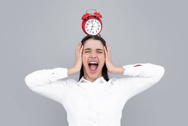 Photo of shocked girl hold alarm clock, crazy girl isolated gray background. - Foto, immagini