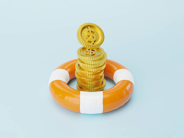 Złote monety dolara amerykańskiego układania wewnątrz bezpieczeństwa życia gumy pierścień dla pieniędzy oszczędności inwestycji majątkowych może uczynić stabilność koncepcji życia przez 3d renderowania ilustracji. - Zdjęcie, obraz