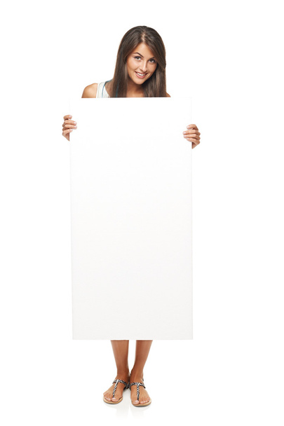 Woman showing blank copy space - Zdjęcie, obraz