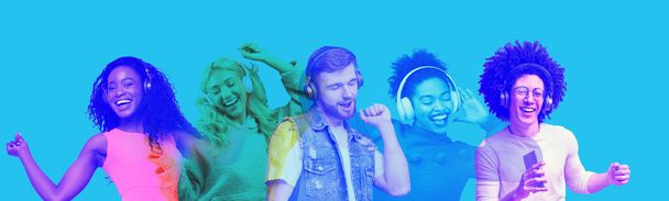 Joyful multiethnic millennials wearing headphones, collage, panorama - Foto, imagen