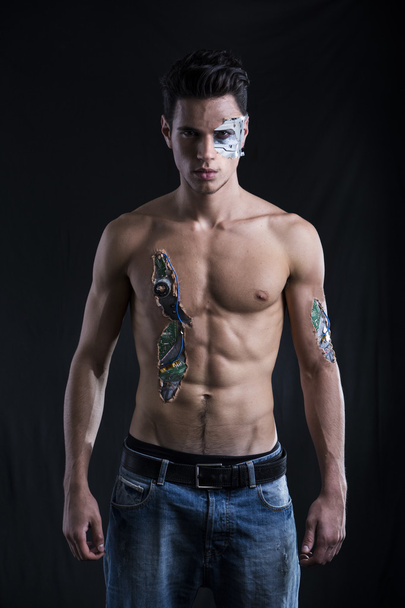 Close up Attractive Bare Muscled Man with Robotic Skin Art - Foto, immagini