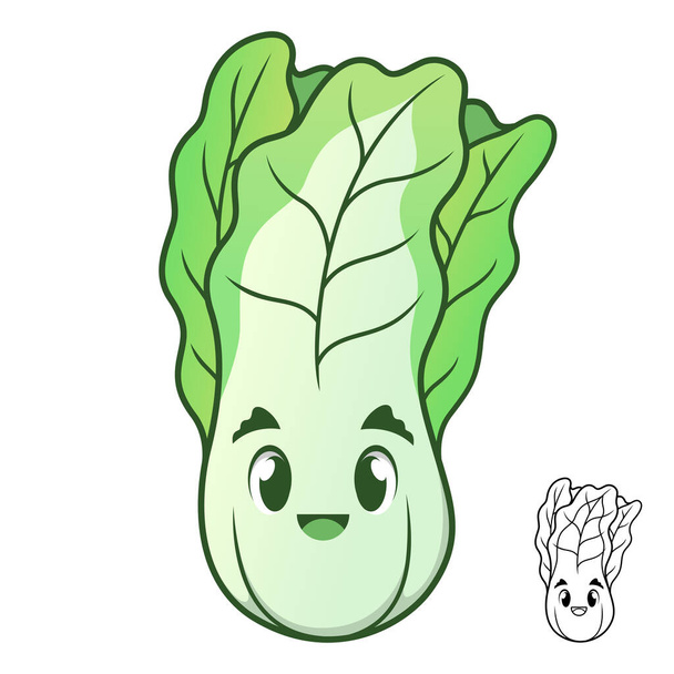 Cute Happy Chinese Cabbage with Black and White Line Art Drawing, Vegetables, Vector Character Illustration, Outline Cartoon Mascot Logo in Isolated White Background. - Vector, Image