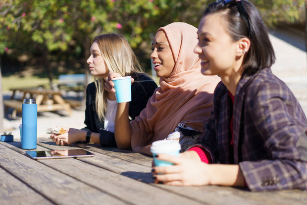 Cheerful diverse ladies having coffee break and chatting in city park - Photo, Image