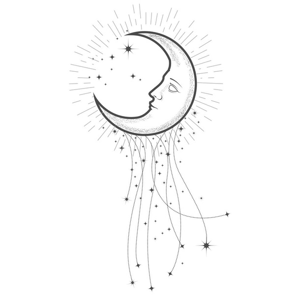 Crescent with face and starry tail, magical moon with star trace, astrology and tarot sorcery, esoteric and zodiac sign, vector  - Vetor, Imagem