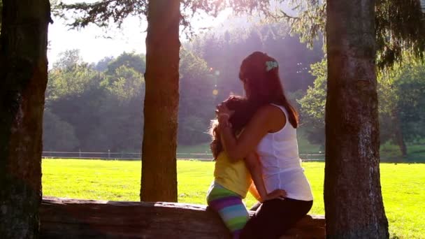 Mother and daughter hugging and kissing on tree log. Sunset in the background - Footage, Video