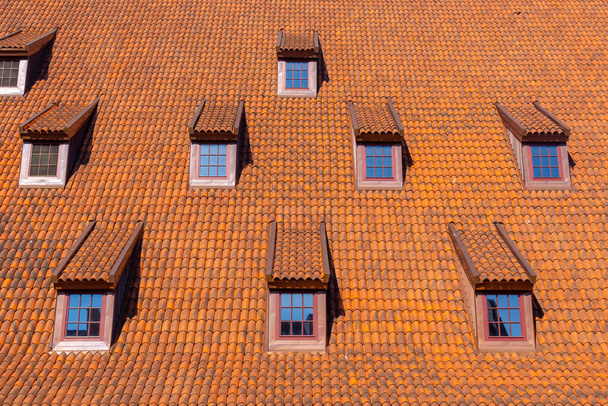 Eski Gdansk kasabasında kırmızı bir çatıdaki birçok küçük pencere fayanslarla kaplıydı. Polonya - Fotoğraf, Görsel