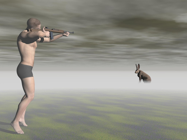 hunter kills a rabbit - 3d render - 写真・画像