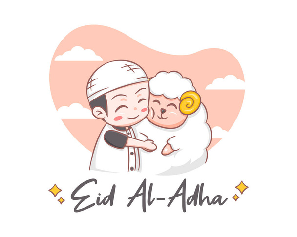 Ένα χαριτωμένο αγόρι αγκαλιάζει ένα πρόβατο σε eid al adha εικονογράφηση κινουμένων σχεδίων - Διάνυσμα, εικόνα