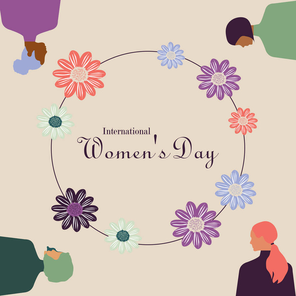 Internationaler Frauentag mit Blumen. Moderne Frauen unterschiedlicher Nationalitäten und Religionen sind um einen Rahmen mit Blumen angeordnet. - Foto, Bild