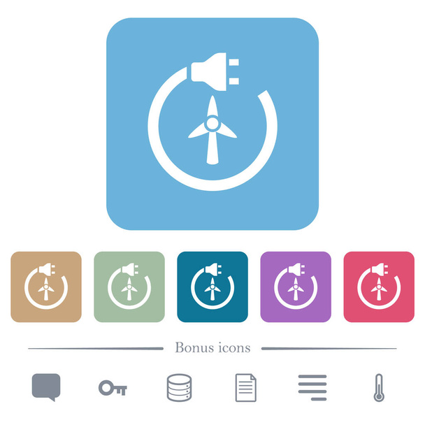 Iconos planos blancos de energía eólica en fondos cuadrados redondeados de color. 6 iconos de bonificación incluidos - Vector, Imagen