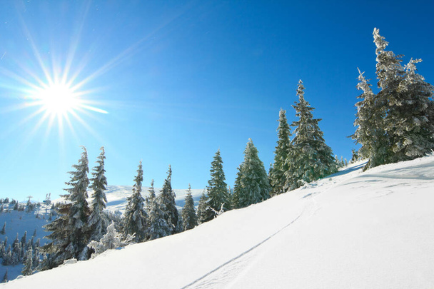Καταπληκτικό χειμερινό χιονισμένο τοπίο του διάσημου και δημοφιλούς τουριστικού ορόσημου - παλιό έρημο παρατηρητήριο στο βουνό Πιπ Ιβάν στο Chornogora βουνό κορυφογραμμή στην ουκρανική Καρπάθιο εθνικό πάρκο. - Φωτογραφία, εικόνα