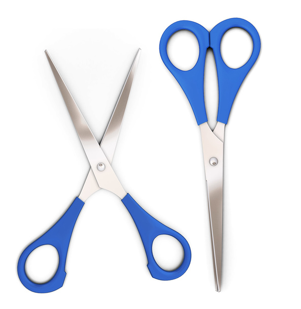 Open and closed blue scissors on a white background.  - Photo, Image