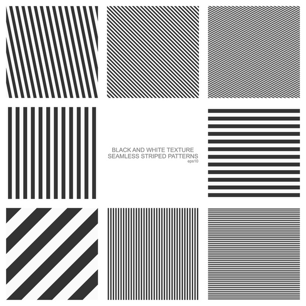 Set of seamless patterns, straight stripes, black and white texture. Vector backgrounds - Vector, Image