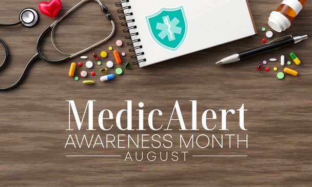 Medic Alert mese di sensibilizzazione viene osservato ogni anno nel mese di agosto, dedicato a educare il pubblico sulle esigenze e gli usi di Medic Alert ID. Rendering 3D - Foto, immagini