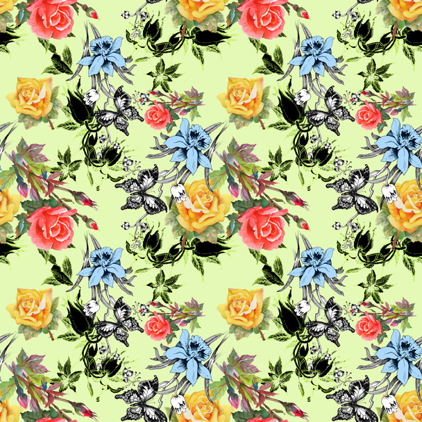 Flowers and butterflies seamless pattern - Фото, изображение