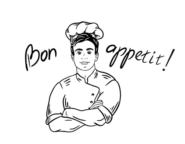 Chef sonriente con los brazos cruzados posan. Cocinero feliz en sombrero aislado en blanco.Estilo Doodle. Ilustración vectorial. - Vector, imagen