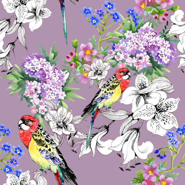 Colorful parrots and flowers - Zdjęcie, obraz