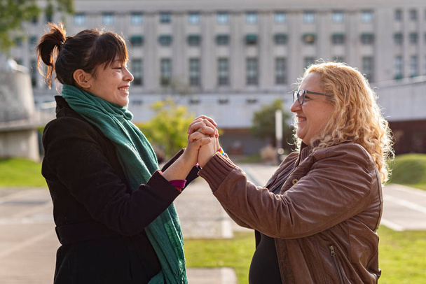 Portret van een glimlachend lesbisch paar hand in hand en kijken naar elkaar - Foto, afbeelding