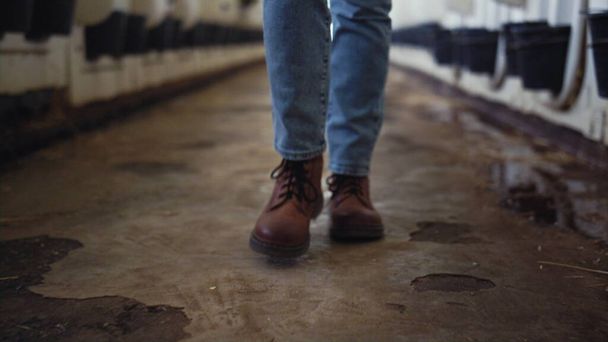 Çiftlik hayvanları müdürünün bacakları barakada tek başına yürüyor. Hayvan yetiştirme tesisi. - Fotoğraf, Görsel