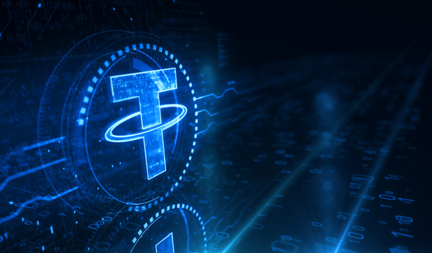 Tether stablecoin blockchain crypto currency y USDT digital money symbol digital concept. Red, tecnología cibernética y fondo informático abstracto 3d ilustración. - Foto, Imagen