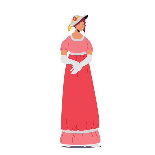 Dama del siglo 19, victoriana mujer inglesa o francesa usar vestido elegante y sombrero aislado sobre fondo blanco - Vector, imagen