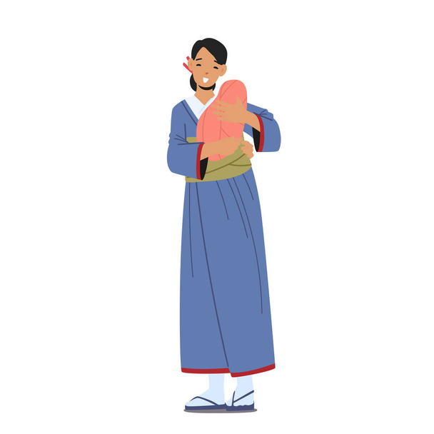 Азиатка с ребенком на руках. Молодая улыбающаяся женщина носит традиционное кимоно с полным ростом новорожденного ребенка - Вектор,изображение