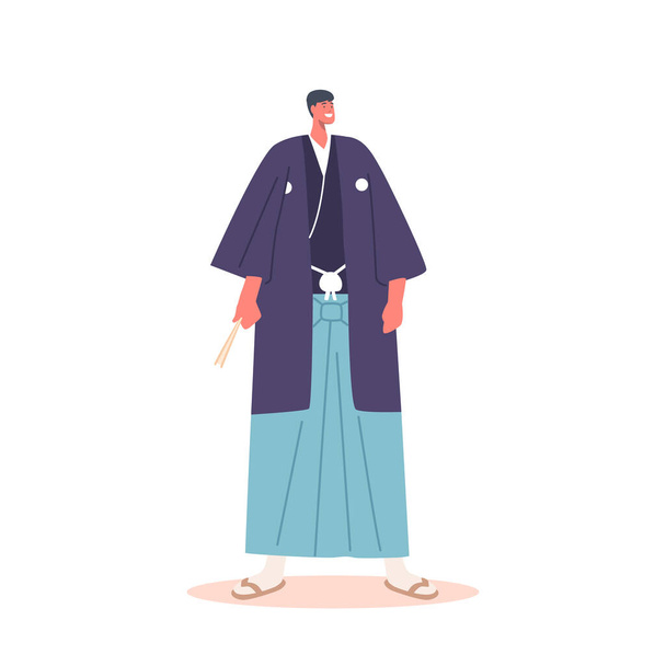 Japán férfi nemzeti ruhában, ventillátorral a kezében. Ázsiai férfi karakter viselése Hagyományos ruha elszigetelt fehér háttér - Vektor, kép