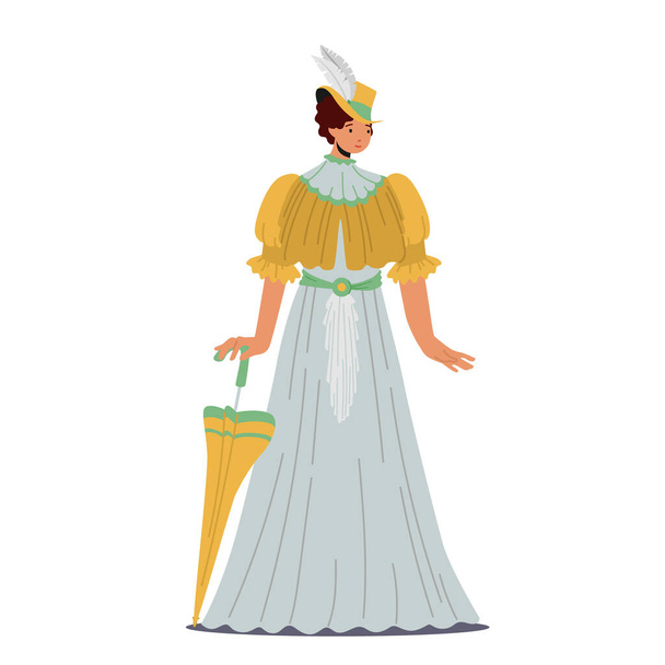 Elegante Dama en Hermoso Vestido Vintage, Moda del Siglo XIX, Victoriano Inglés o Francés Mujer Use Vestido Largo y Sombrero - Vector, imagen
