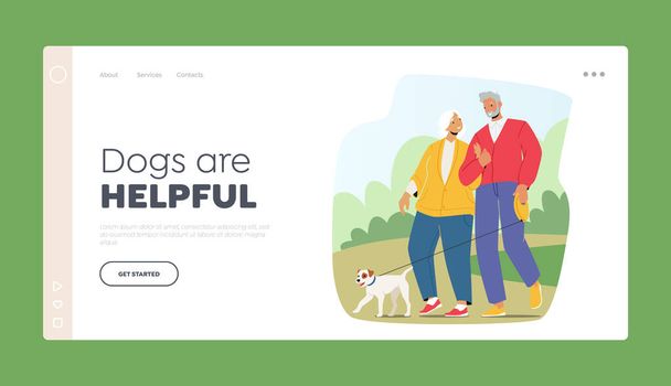 ペットランディングページテンプレート付きの高齢者のカップルプロムナード公園で犬と一緒に歩く笑顔のキャラクター。一緒に時間を過ごす - ベクター画像