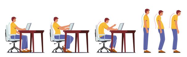 Αρσενικός χαρακτήρας Σωστή και λανθασμένη καθιστή θέση κατά τη διάρκεια εργασίας στον υπολογιστή. Ο άνθρωπος κάθεται στο τραπέζι με οθόνη - Διάνυσμα, εικόνα
