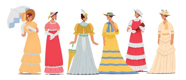 Набор одежды XIX века в шляпах, головных уборах и аксессуарах. Изолированные викторианские женщины - Вектор,изображение