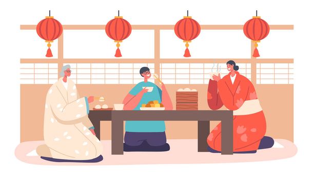 Счастливая традиционная азиатская семья мать, бабушка и дедушка ужинают дома. Улыбающаяся мать, бабушка и сын - Вектор,изображение