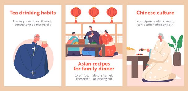 Boldog Hagyományos Ázsiai Család Vacsorázik Otthon Bannerek. Fiatal és idős férfi és női karakterek eszik - Vektor, kép