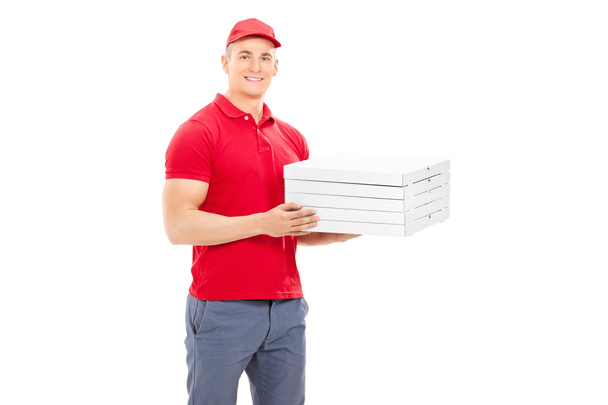 ragazzo consegna che trasporta scatole di pizza
 - Foto, immagini