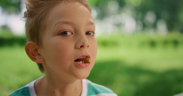Cute boy grimacing on camera on picnic close up. Funny child play eating snack. - Photo, Image