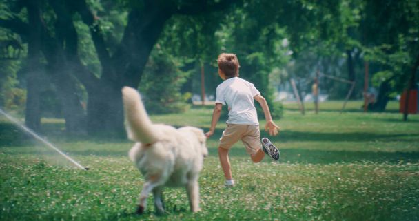 Cheerful little kid running from adorable pet at water sprinklers in summer park - Photo, Image