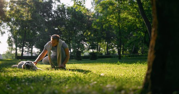 Entspannter Mann streichelt Golden Retriever. Verspielter Hund kaut Leine auf Gras liegend - Foto, Bild