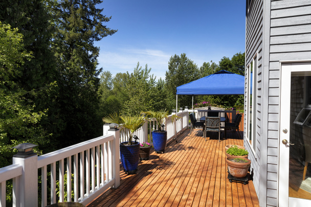 Dom drewniany pokład z patio meble i rośliny dla idealnego letniego podwórka - Zdjęcie, obraz