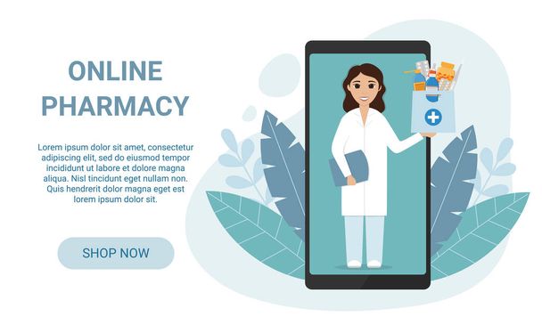 Online přistávací stránka lékárny. Lékárnice přes telefonní obrazovku drží vak s léky uvnitř. Domácí doručení lékárna služby koncept - Vektor, obrázek