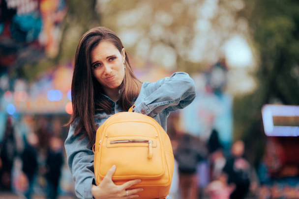 Funny Woman Looking Through Her Messy Backpack  - Фото, зображення