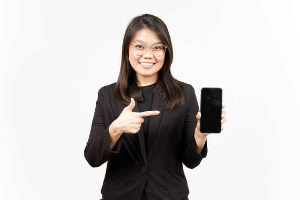 Showing Apps or Ads On Blank Screen Smartphone Of Beautiful Asian Woman Wearing Black Blazer - Fotoğraf, Görsel